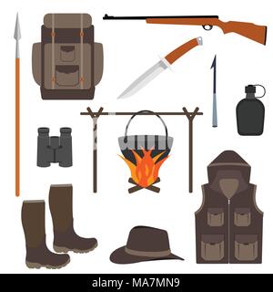 Icon Set de chasse, isolé. Équipement de chasse en télévision, style vector illustration. Sac à dos, bottes de chasse, couteau, fusil, fiole, avec poches gilet de sécurité Illustration de Vecteur