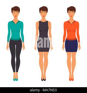 Les femmes dans l'élégant quartier de vêtements de tous les jours. Styles fashion illustration vecteur de womans. Modèle féminin en vêtements décontractés. Vector illustration isolé sur blanc ba Illustration de Vecteur