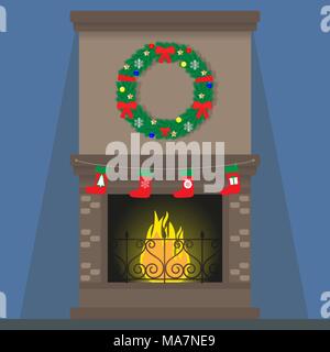 Foyer de Noël avec des décorations. Couronne de Noël, bas, flamme Vector illustration Illustration de Vecteur