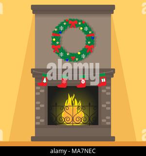 Foyer de Noël avec des décorations. Couronne de Noël, bas, flamme Vector illustration Illustration de Vecteur