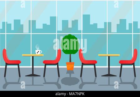 Café confortable intérieur avec des tables et des chaises près de grande fenêtre, paysage urbain à l'extérieur de la fenêtre. Tasse de café sur la table. Vector illustration en télévision Illustration de Vecteur