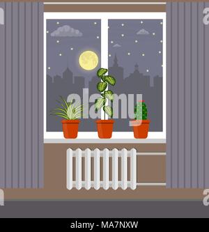 Grande fenêtre avec rideau et de plantes en pots sur le rebord de la fenêtre. La ville de nuit, la lune, les nuages et les étoiles à l'extérieur de la fenêtre. Vector illustration style de télévision Illustration de Vecteur