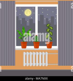 Grande fenêtre avec rideau et de plantes en pots sur le rebord de la fenêtre. La ville de nuit, la lune, les nuages et les étoiles à l'extérieur de la fenêtre. Vector illustration style de télévision Illustration de Vecteur