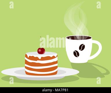 Tasse de café fumant et parfumé avec gâteau cerise sur une soucoupe. Vector illustration style de télévision Illustration de Vecteur