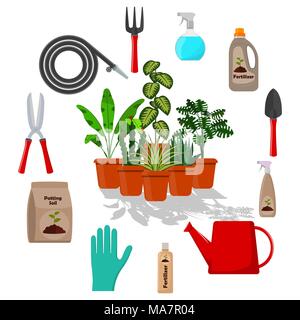 Plantes en pot entouré d'outils de jardin. Ensemble d'outils de jardinage, terreau, les divers engrais en bouteilles. Vector illustration style de télévision Illustration de Vecteur