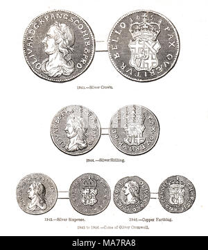 Monnaies de l'époque d'Oliver Cromwell, monnaie du Commonwealth de l'Angleterre, l'Écosse et l'Irlande. Banque D'Images