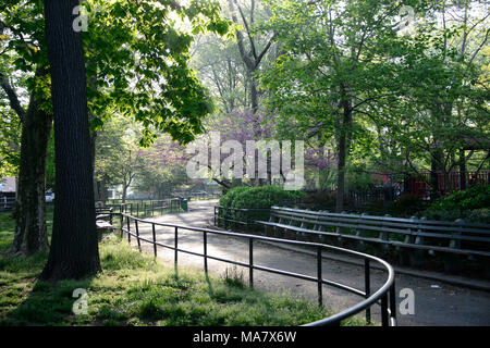 Une ligne de bancs sous un chemin de l'arbre en fleurs - lishui à Monseigneur McGolrick Park à Brooklyn, New York, en mai 2017 Banque D'Images