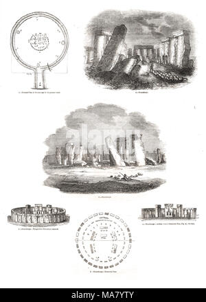 Monument préhistorique de Stonehenge, Wiltshire, Angleterre, Royaume-Uni. Début du xixe siècle des dessins indiquant plan au sol de pierres effondrée et plans proposés pour restaurer le monument Banque D'Images