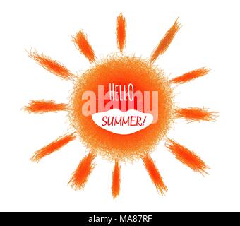 Arrière-plan de vacances avec soleil orange et le lettrage Hello summer dans design, illustration vectorielle, lumineux, un modèle adapté à l'heure d'été postcar Illustration de Vecteur