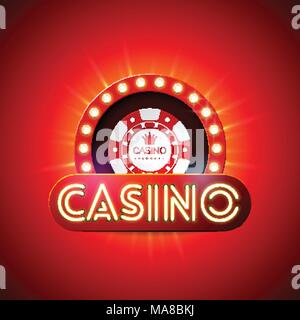 Illustration de casino avec lumière néon lettre et jouer jetons sur fond rouge. Conception de jeu Vector avec affichage de l'éclairage brillant pour l'invitation ou bannière promo. Illustration de Vecteur