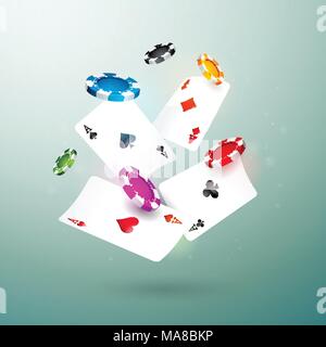 Chute réaliste des jetons de casino et de poker sur fond propre illustration. Jeu Vector concept design. Illustration de Vecteur