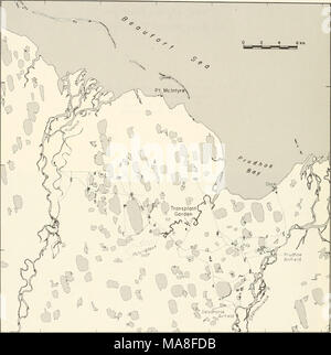 . Les enquêtes écologiques du biome de la toundra dans la région de Prudhoe Bay, en Alaska . 70° 30 70°25 70°20' 70°J5' I48°40 I48°20 Fig. 1. Région de Prudhoe Bay avec l'emplacement du jardin de transplantation. Banque D'Images