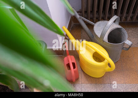 Collecte des bidons d'eau en plastique et métal avec plante et radiateur vintage Banque D'Images