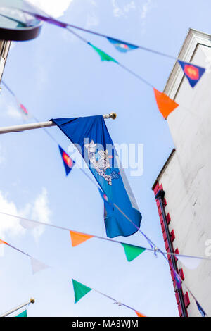 DUBLIN, IRLANDE - 28 mars, 2018 : drapeau avec le nom celtique de la ville de Dublin Baile Atha Cliath et armoiries originales army Banque D'Images