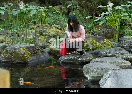 Jeune fille asiatique posant dans un jardin japonais près d'un étang de poissons Banque D'Images