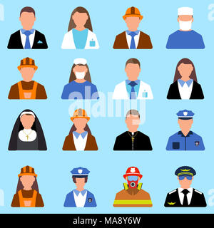 Ensemble de l'icône de travailleur de caractères. L'homme et la femme l'étiquette. Style de dessin animé. Vector Illustration. Banque D'Images