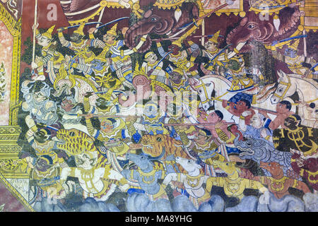 Les murales représentant des scènes de la bataille épique Ramakien, Wat Mahathat, Phetchaburi, Thailand Banque D'Images