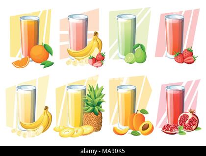 Ensemble de jus de fruits et des smoothies. Boisson de fruits frais dans le verre. Pêche, fraise, banane, citron vert, orange, ananas, grenade. Vector illustration isolé Illustration de Vecteur