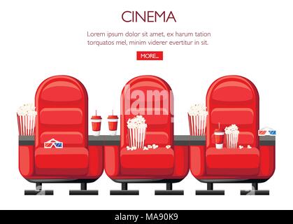 Cinema concept. Auditorium et rouge trois fauteuils confortables dans le cinéma. Des boissons et du pop-corn, des verres pour film. Places de Cinéma Cartoon illustration Illustration de Vecteur