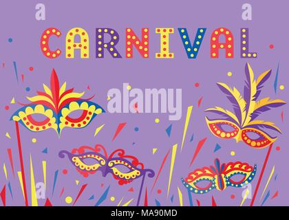 Concept Carnaval Carnaval avec masque de visage. Partie de la décoration de masques ou mascarade. Masque à plumes. Vector illustration sur fond violet. Site Web Illustration de Vecteur