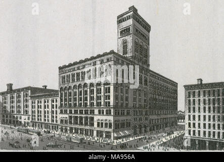 Meubles anciens c1890 impression monochromatique d'un album souvenir, montrant l'Auditorium Building de Chicago, Illinois. L'Auditorium Building de Chicago est l'un des plus célèbres dessins de Louis Sullivan et Dankmar Adler. Achevé en 1889, le bâtiment est situé à l'angle nord-ouest de South Michigan Avenue et de la rue du Congrès (Congress Parkway maintenant). Imprimé avec le procédé lithographique Glaser/Frey, une lithographie de pierre processus développé en Allemagne. Banque D'Images