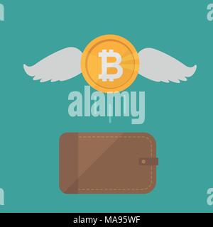 Portefeuille marron avec de l'argent. bitcoin Concept pour affaires, print, sites web, magazines, boutique en ligne, la finance, les banques. Bitcoin pièces avec des ailes voler. Perdu Illustration de Vecteur