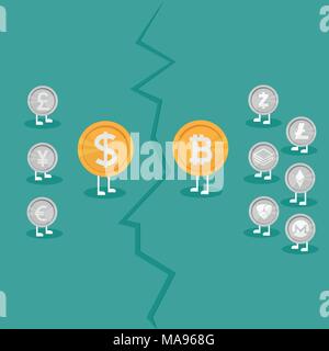 L'argent réel contre de l'argent virtuelle Bitcoin Monnaie Crypto - concept de plus en plus. Concept d'affaires entre les monnaies de la guerre. Illustration de Vecteur