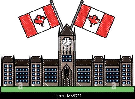 Le parlement d'ottawa canada monument avec des drapeaux Illustration de Vecteur