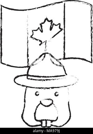 Tête de castor avec caractère hat et drapeau canadien Illustration de Vecteur