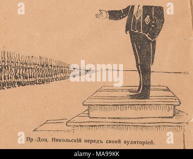 Caricature de la revue satirique russe Nagaechka (le petit fouet) illustrant le Prof Doc Nikolsky parlant en face de l'armée, 1905. () Banque D'Images