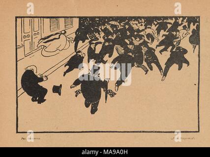 Gravure sur bois illustration de violence éclatent sur une rue de ville parmi une foule d'hommes, habillés de façon formelle à partir de la publication satirique russe Signaly (signaux), 1906. () Banque D'Images