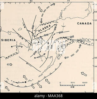 . L'Est de la mer de Béring Tablette : océanographie et ressources / edited by Donald W. Hood et John A. Calder . Explication Mer - Expansion de la zone de subduction de jeunes mouvement de subduction âgées AAA T c&gt ; transformer une Megasheor 140 Panne 180 170 160 150 ^^ dérive Motion  =  = Motion Rifting J'^ ^ Oroclinale » ^ ^-- Flexion J'^â â Pliage Syntaxial le ^ ^ tzz faille de décrochement, grève - Figure 18-7. Compilation des mouvements de la croûte terrestre ayant une incidence sur l'Alaska et le nord-est de la Sibérie (Lathram après 1973). Résumé La similitude de longue durée dans l'histoire géologique du nord de l'Alaska et nort Banque D'Images