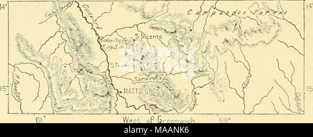 . La terre et ses habitants .. . À l'ouest de 59° Greenwicln 00 milles. population de 7 000, mais il a été gâché par l'abandon des mines, et est maintenant l'un des plus pauvres villages au Brésil ; c'est aussi l'un des pires situé, et les voyageurs parlent de lui comme un foyer de fièvre. Ce n'était pas maintenu par le gouvernement comme un poste militaire, il serait bientôt abandonné par ses derniers résidents blancs. S. Luiz de Caceres, anciennement Villa Si&lt;iria, est mieux situé sur la rive gauche de l'Paraguay au-dessus de la confluence Jauru, au point de convergence de plusieurs routes naturelles, et dans une Banque D'Images