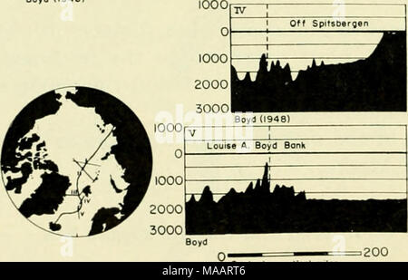 . La terre sous la mer : Historique . Dans noutlcal Vtrtlcol Scole miles exoggvrotion 4011 Fig. 1(&gt ;. Adulte à travers l'océan Arctique et la mer de Norvège. Les deux profils de l'océan Arctique sont des interprétations spéculatives de sondages dispersés. L'individu sound- ings sont indiqués par les lignes verticales court le long de la marge supérieure de eacli profil. Adulte IV et V un^ ])l()ltrer du début (1937-1938) à l'écho continue publié par sondages lioyd (1948). La moitié est de profil il ! Est basé sur l'écho continu-^ alors que les sondages de moitié ouest est tracé à partir de sondages discrets (après Bo Banque D'Images