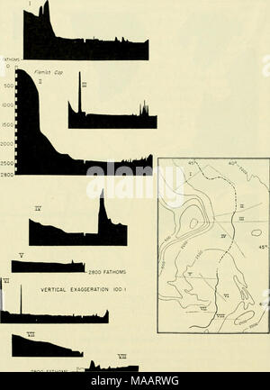 . La terre sous la mer : Historique . 2800 brasses 100 200 300 milles marins à l'AQO 500 600 Fig. 21. Huit profils est-ouest à travers l'Atlantique Nord-Ouest, Mifl-Oeean Canyon. (Après Heezen et al., 1959.) lieux dépasse le gradient du canyon. La pente ouest à l'Est est d'environ 1 : 1500 tandis que le gradient de la cany6n du nord au sud est d'environ 1 : 2250. Le canyon et ses méandres doux formes, comme ses baisses de gradient, il change sa forme transversale à partir d'un profond canyon étroit à un large superficiel. Un deuxième canyon au milieu de l'océan d'une forme similaire et la forme a été tracée pour 350 km dans le Banque D'Images