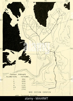 . La terre sous la mer : Historique . Portions Portions non interrogées, certaines connexions Position approximative de l'Extension Probable Possible diagrammatique affluents Câble sous marin se casse la figure. 20. Force de l'Atlantique Nord-Ouest Canyon. (Après Heezen et al., 1959.) largeur de 3 à 5 miles et en profondeur sous le plancher de la mer adjacente de 10 à 100 fm. Il y a une asymétrie uniforme sur les canyon, le mur ouest étant plus élevé que le fm 10-15 east wall (Fig. 22). Le canyon a été cartographiée par plus de 80 l'échosondage adulte. Étonnamment, le canyon ne suit pas l'axe de plus grande Banque D'Images