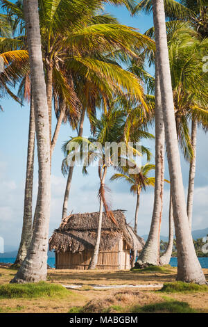 Bungalow plage avec toit de chaume sur palm tree island - cabane en bois , Banque D'Images
