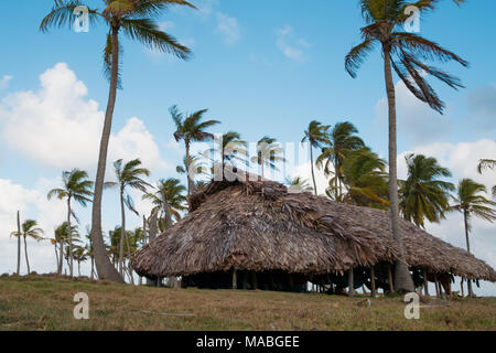 Chambre , bungalow avec toit de chaume sur palm tree island - Banque D'Images