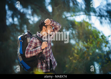 Randonneur fatigué détend l'homme avec un grand sac à dos, au cours de promenade dans la forêt. Banque D'Images