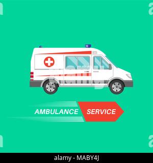 Ambulance avec une bannière. Véhicule de réanimation. Location d'une urgence à l'aide rapide. Un vecteur illustration de télévision style pour une affiche, publicité, var Illustration de Vecteur