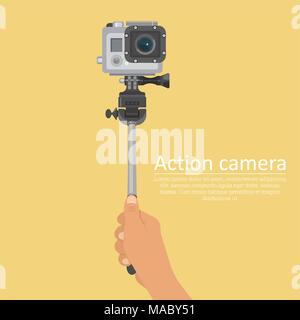 Main tenant un bâton en action avec selfies caméra pour une photo et vidéo du tournage. Une illustration vectorielle dans le plan style. Illustration de Vecteur