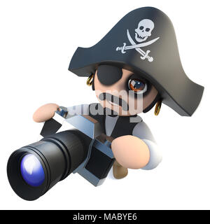 3D render of a funny cartoon capitaine pirate holding a camera Banque D'Images