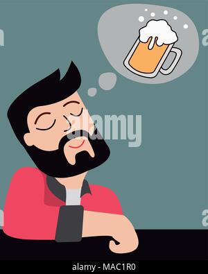 Hand drawn vector illustration ou dessin d'une caricature homme imaginant une bière Illustration de Vecteur