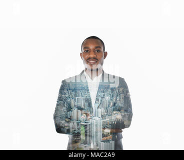 Double exposition de certain African American businessman standing avec ses mains et en portant la croix de même. Ville construire avec american homme africain. Banque D'Images