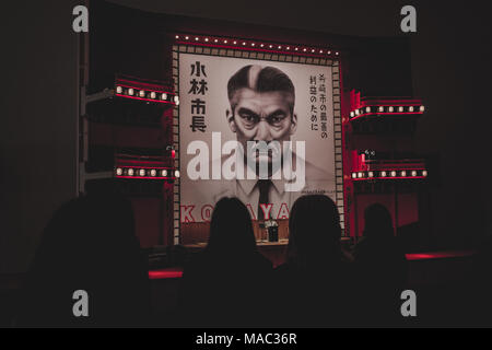 Scène présidentielle sur l'affichage à Londres à l'Isle of Dogs exposition, réalisé par Wes Anderson - Mars 2018 Banque D'Images
