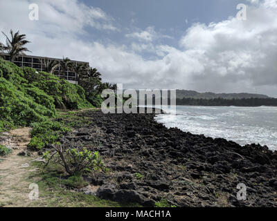 Côte Rocheuse avec napaka et grands cocotiers le long chemin sur la côte nord d'Oahu, Hawaii. Banque D'Images