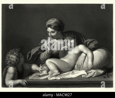 Gravure d'époque de silence ! Vierge à l'enfant avec l'enfant, Baptiste après la photo par Annibal Carrache, Le silence ou la Madonna del Silen Banque D'Images