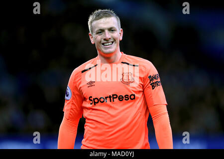 Le gardien d'Everton Jordan Pickford au cours de la Premier League match à Goodison Park, Liverpool. Banque D'Images