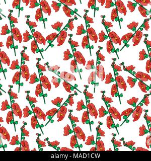 Succursale de mallow avec red blossoming flowers, modèle homogène isolé sur fond blanc Illustration de Vecteur