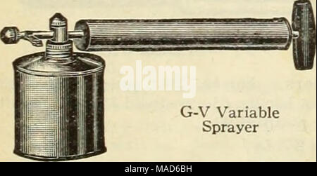 . Dreer's seeds plants bulbes pour la plantation d'été . G-V Variable Variable V G-pulvérisateur pulvérisateur. D'un litre de capacité, équipé d'une buse qui permet de pulvériser avec des degrés de densité, d'un jet de brouillard le plus fin. Adapté pour l'application de laques. Tin, $1.00 ; laiton, 1,50 $, services postpayés. L'usine de caoutchouc caoutchouc sprinkleur sprinkleurs. Idéal pour la pulvérisation et injection des plantes. 6 uz. Tout droit ou angulaire du cou, 75c ; 8 oz. 1,00 $ ; 10 oz. $1.15 services postpayés. Banque D'Images